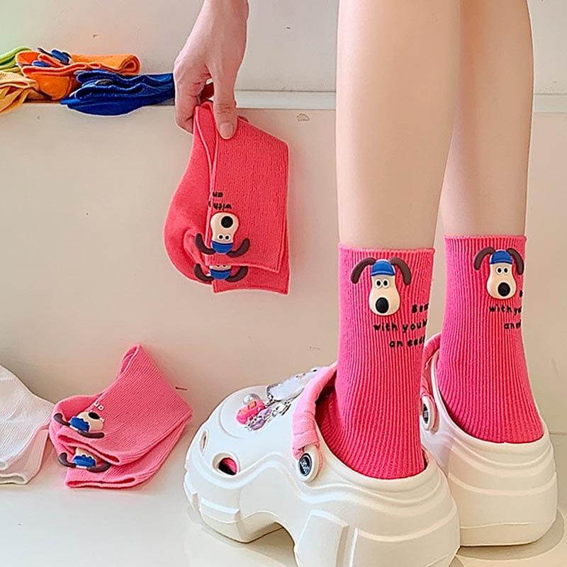 Rose Red Cartoon Puppy Socks丨NueShiny